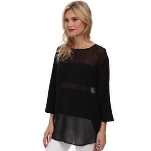 Trina Turk NEW Black Sheer Stripe 100% Silk 3/4 Sleeve Relaxed Fit Tunic Blouse